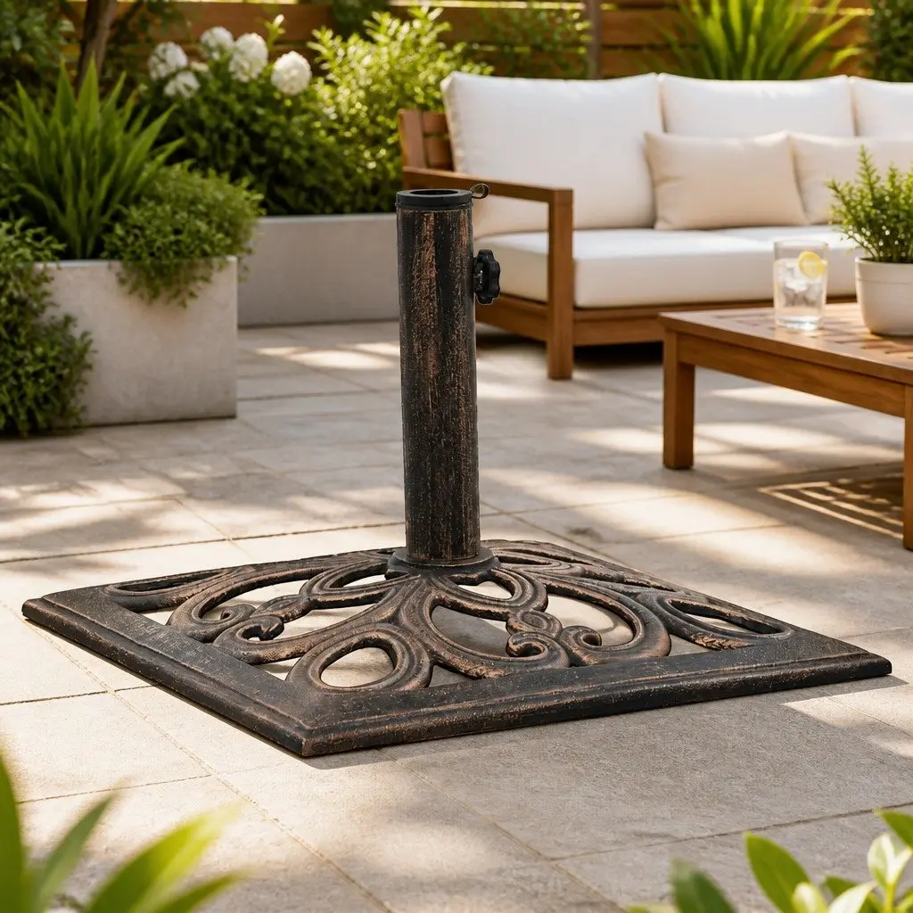 Cast Iron Umbrella Base Brown Outdoor Weighted Stand Patio Holder Garden Support