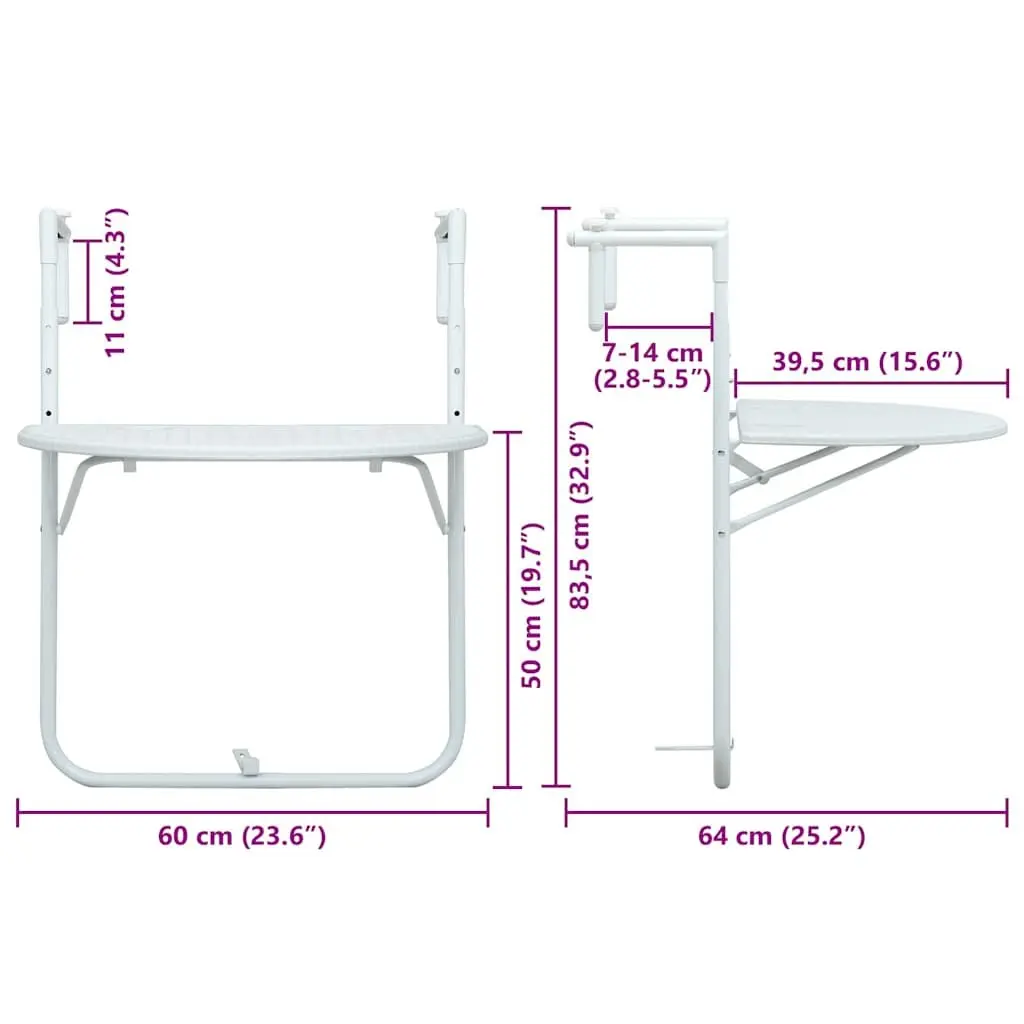 Hanging Balcony Table Outdoor Coffee Worktop Foldable Adjustable Height White