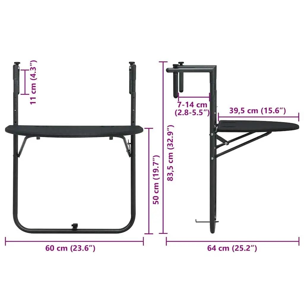 Hanging Balcony Table with Adjustable Height in Black