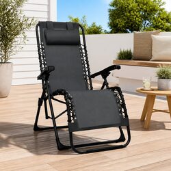 Folding Deck Chair Black Textilene Reclining Garden Patio Sun Lounger Outdoor