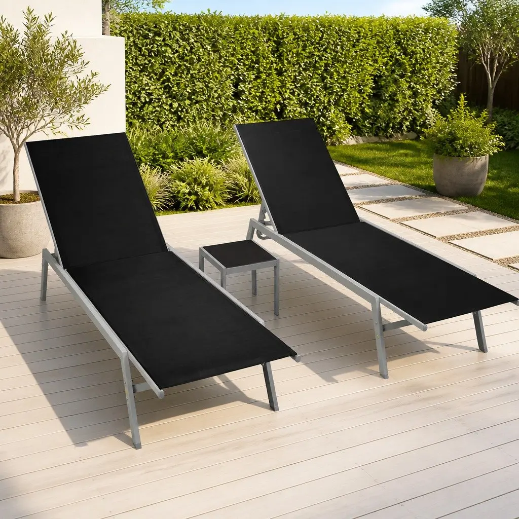 Sun Loungers Set 2 pcs Steel Frame Textilene Garden Outdoor Furniture Black