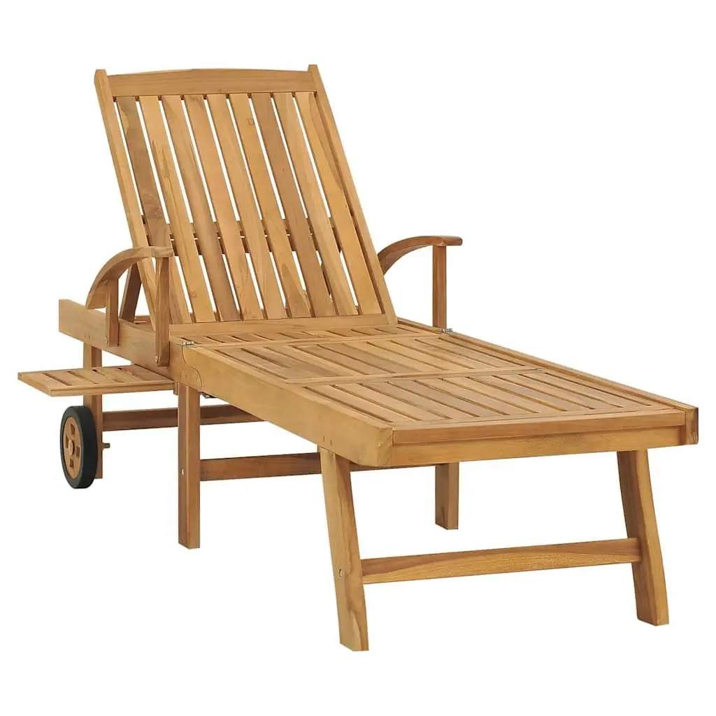 Sun Lounger Teak Wood Outdoor Garden Daybed Adjustable Backrest Wheels Patio