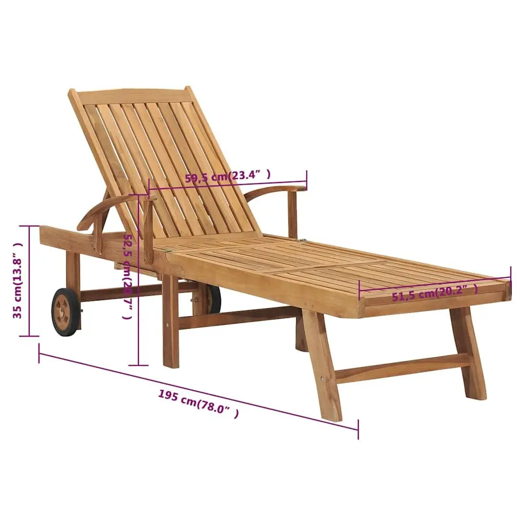 Sun Lounger Teak Wood Outdoor Garden Daybed Adjustable Backrest Wheels Patio