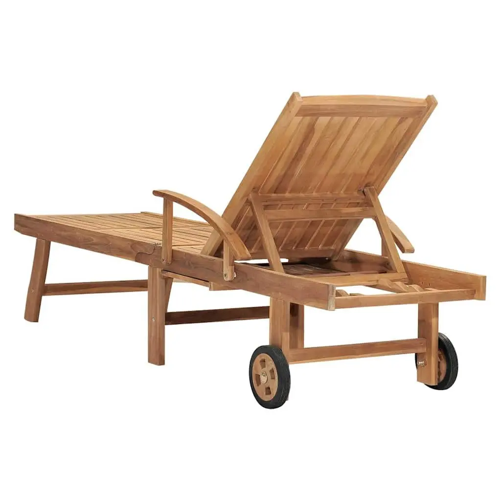 Sun Lounger Teak Wood Outdoor Garden Daybed Adjustable Backrest Wheels Patio