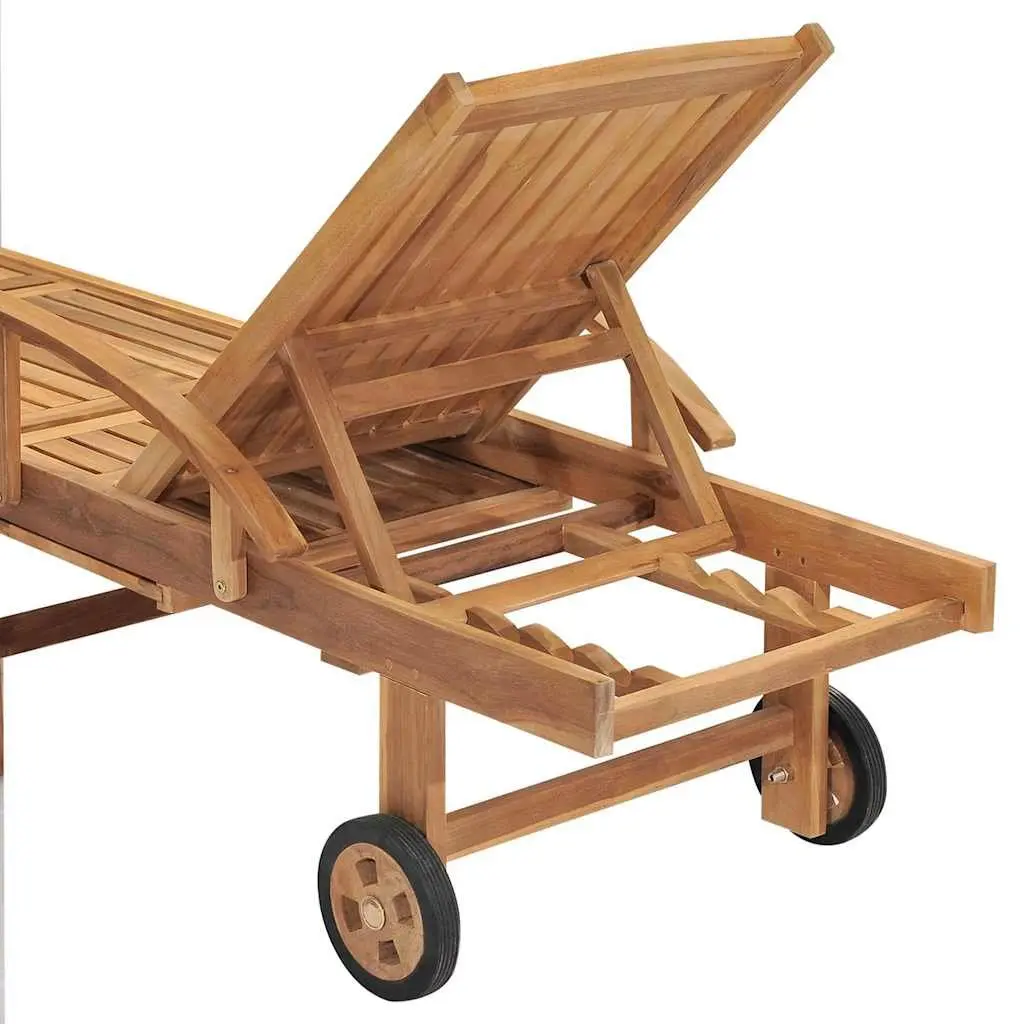 Sun Lounger Teak Wood Outdoor Garden Daybed Adjustable Backrest Wheels Patio