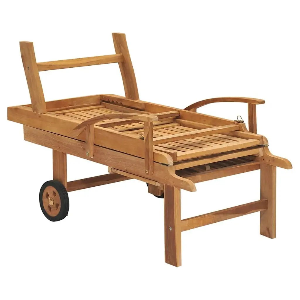 Sun Lounger Teak Wood Outdoor Garden Daybed Adjustable Backrest Wheels Patio