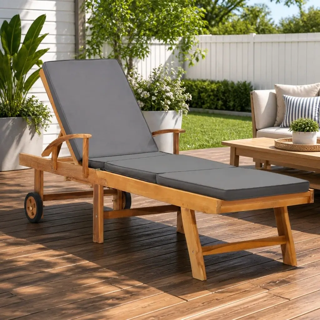 Sun Lounger Outdoor Adjustable Backrest Teak Wood Grey with Cushion and Sliding Side Table