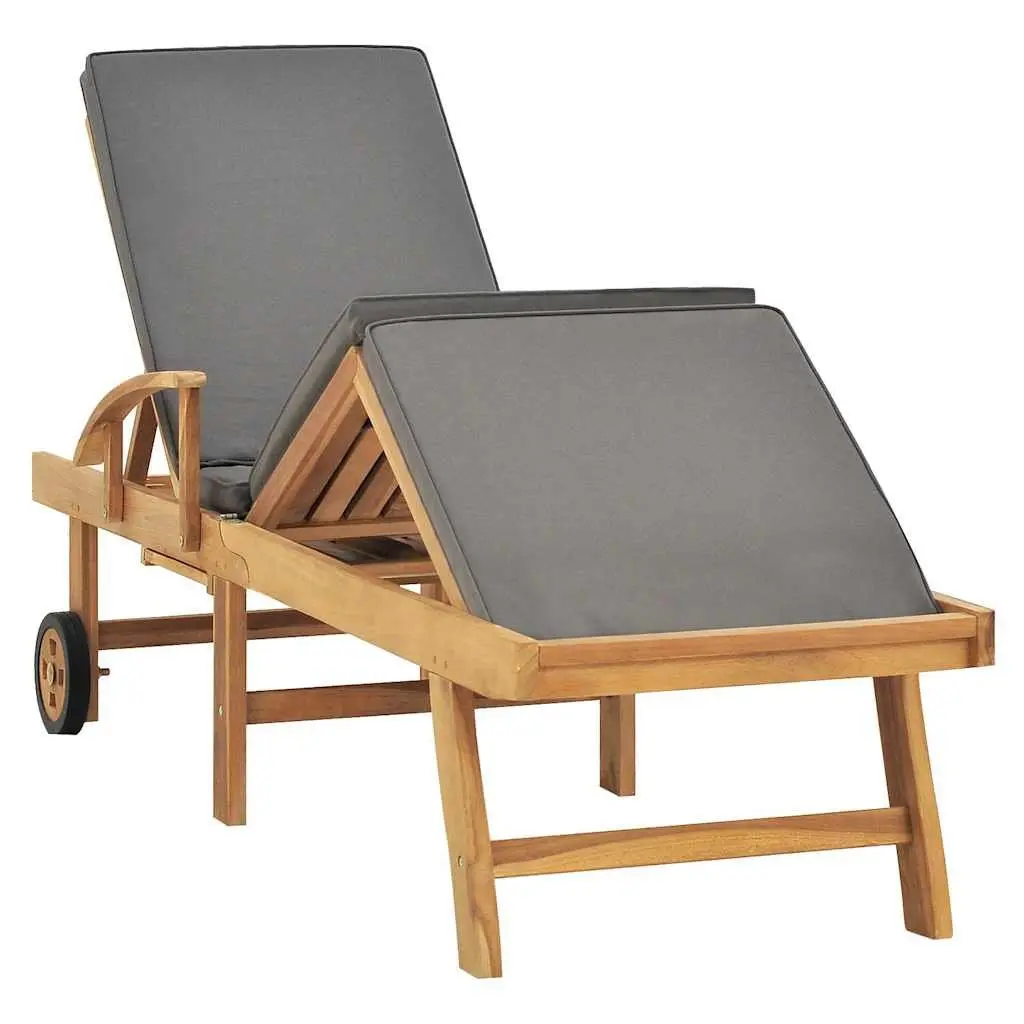Sun Lounger Outdoor Adjustable Backrest Teak Wood Grey with Cushion and Sliding Side Table
