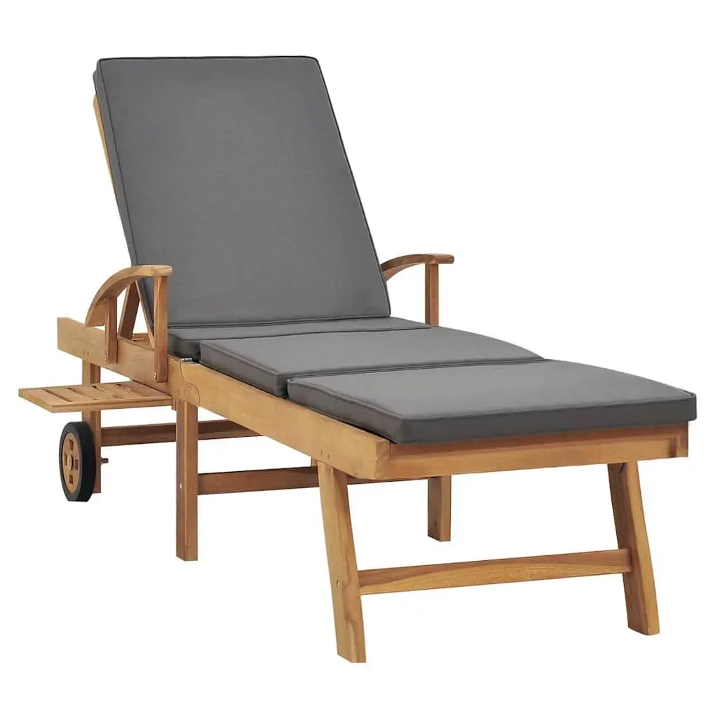 Sun Lounger Outdoor Adjustable Backrest Teak Wood Grey with Cushion and Sliding Side Table