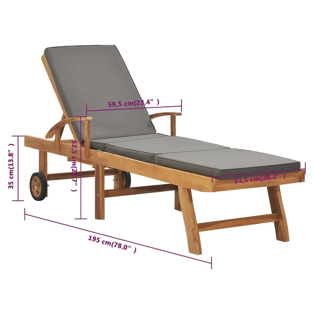 Sun Lounger Outdoor Adjustable Backrest Teak Wood Grey with Cushion and Sliding Side Table