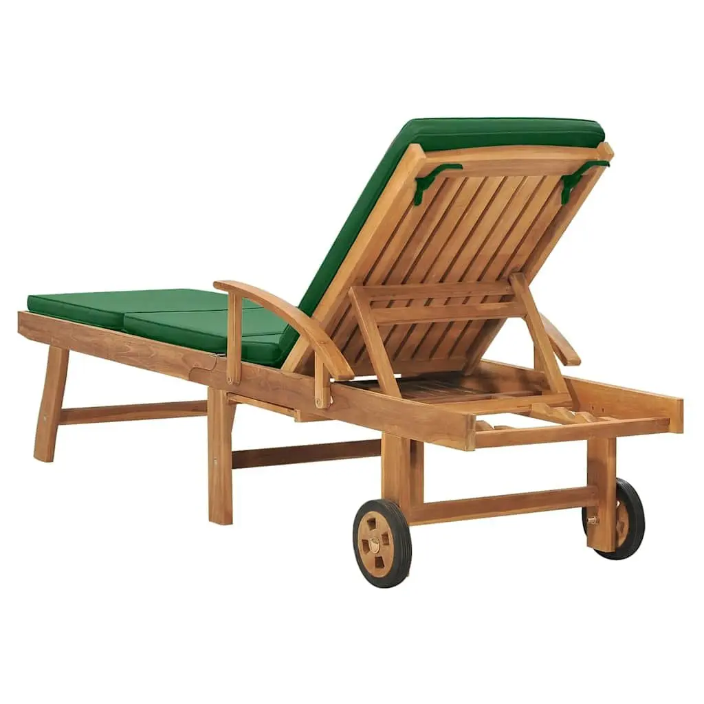 Sun Lounger Teak Wood Outdoor Garden Patio Deck Chair Adjustable Backrest Cushion Green