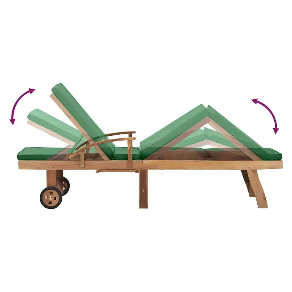Sun Lounger Teak Wood Outdoor Garden Patio Deck Chair Adjustable Backrest Cushion Green