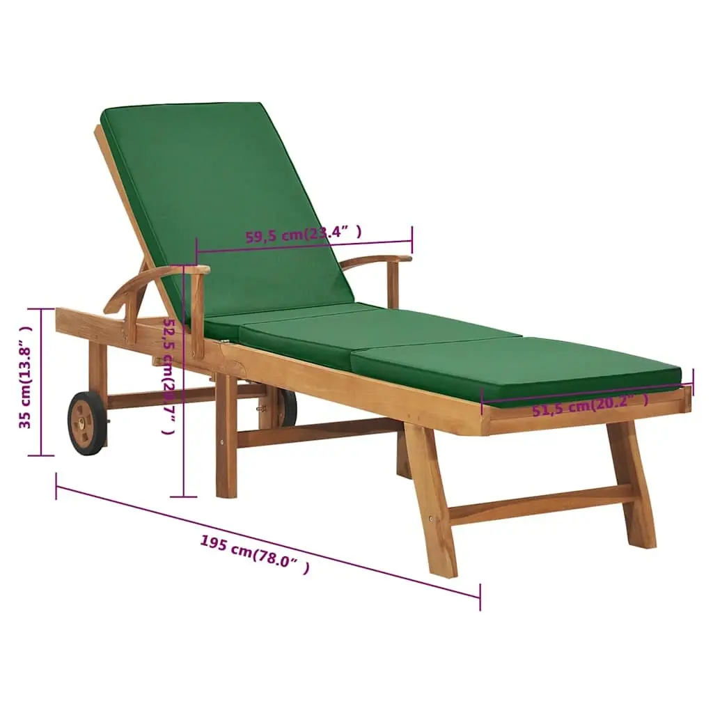 Sun Lounger Teak Wood Outdoor Garden Patio Deck Chair Adjustable Backrest Cushion Green