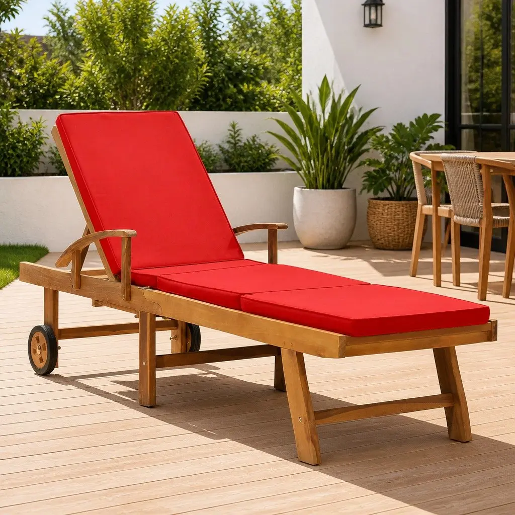 Sun Lounger Adjustable Backrest Outdoor Garden Deck Chair with Cushion Red Teak Hardwood