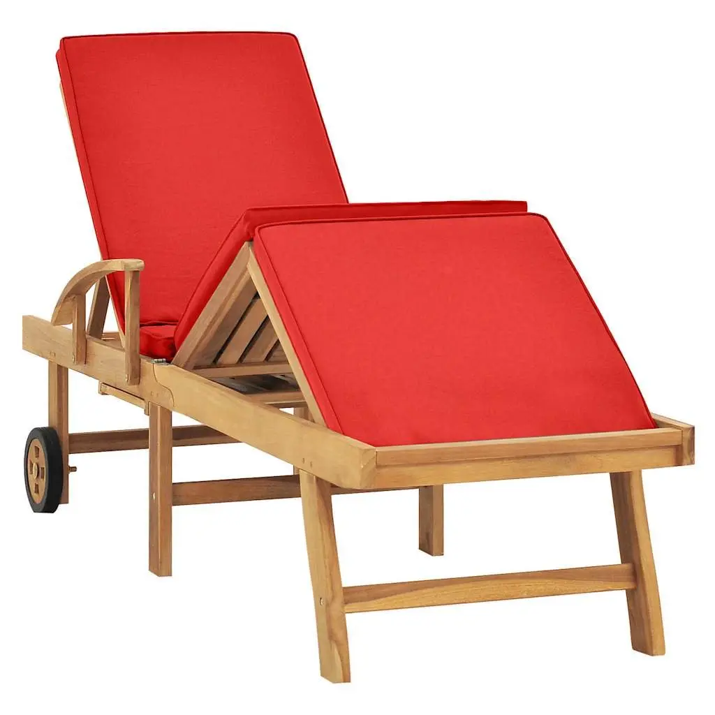 Sun Lounger Adjustable Backrest Outdoor Garden Deck Chair with Cushion Red Teak Hardwood