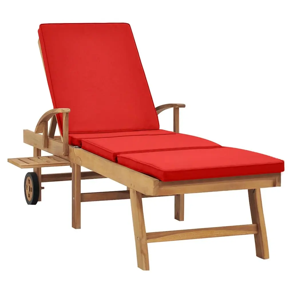 Sun Lounger Adjustable Backrest Outdoor Garden Deck Chair with Cushion Red Teak Hardwood