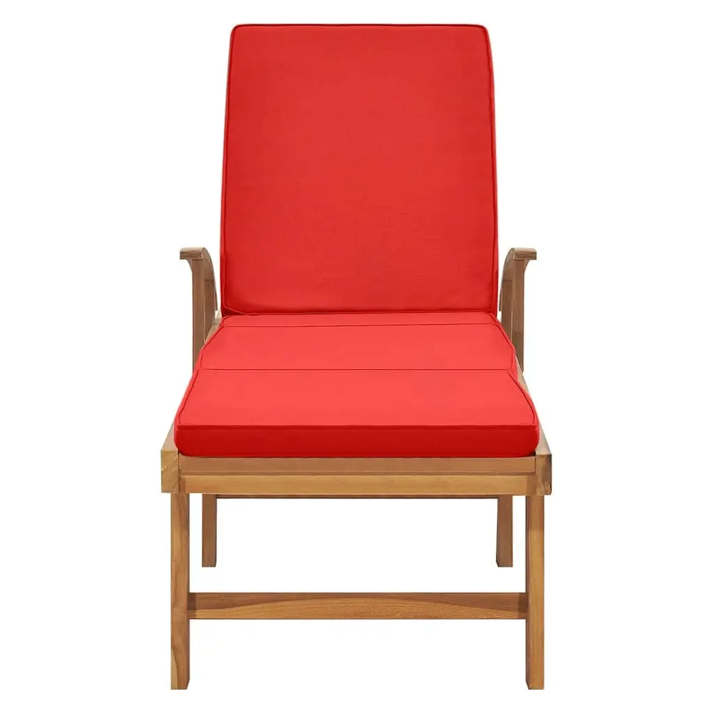 Sun Lounger Adjustable Backrest Outdoor Garden Deck Chair with Cushion Red Teak Hardwood