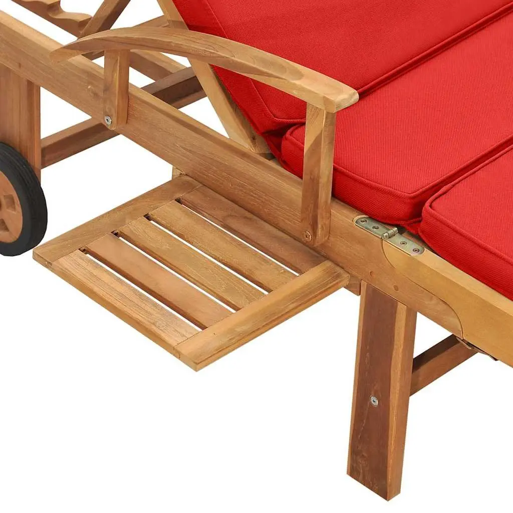 Sun Lounger Adjustable Backrest Outdoor Garden Deck Chair with Cushion Red Teak Hardwood