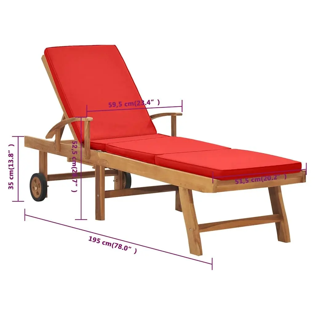 Sun Lounger Adjustable Backrest Outdoor Garden Deck Chair with Cushion Red Teak Hardwood