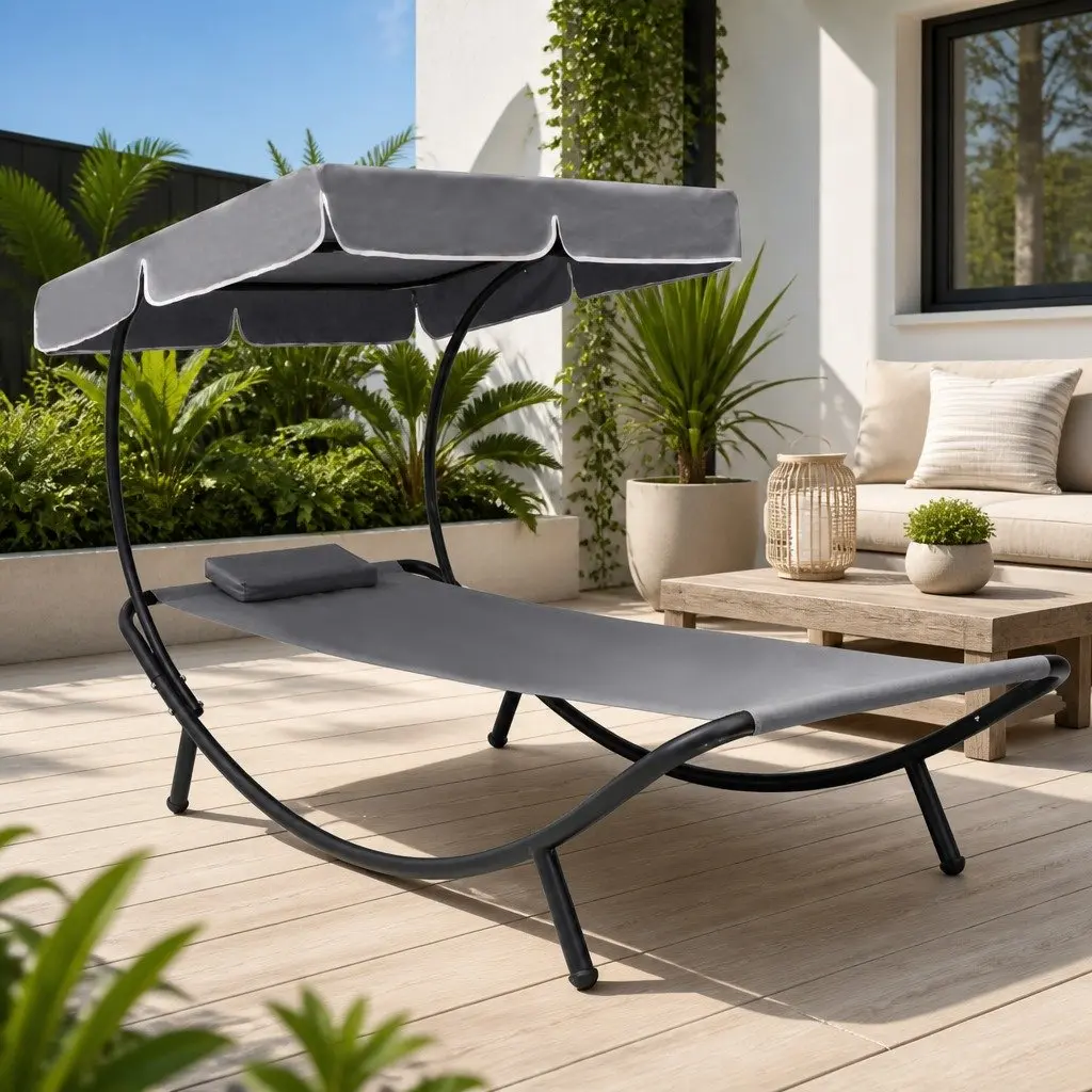Outdoor Sun Lounger Bed Canopy Pillow Grey