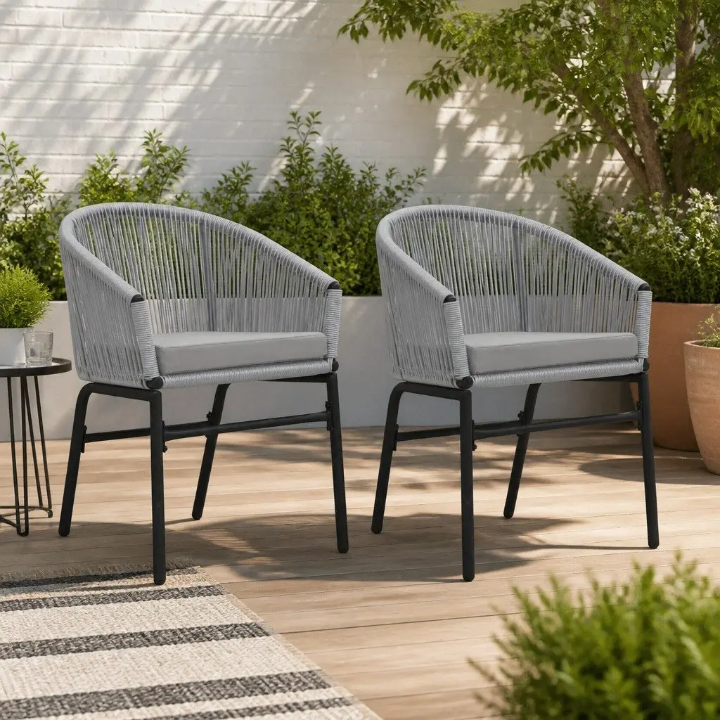 Outdoor Chairs 2 pcs Grey PE Rattan Garden Seating with Cushions Contemporary