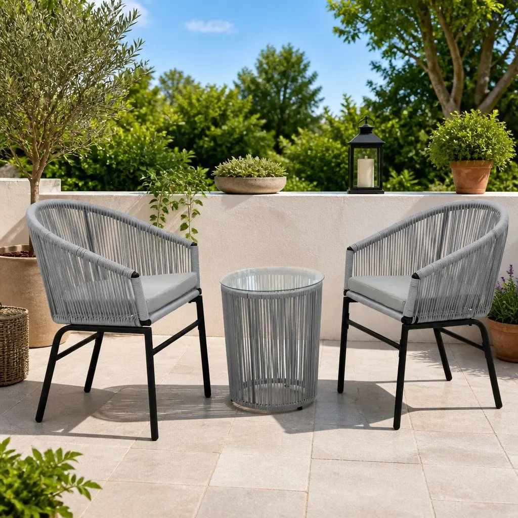 3 Piece Bistro Lounge Set Outdoor Cushioned Chairs Side Table Grey PE Rattan