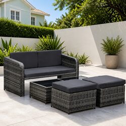 Garden Lounge Set 4 Piece Sofa Coffee Table Stools Cushions Poly Rattan