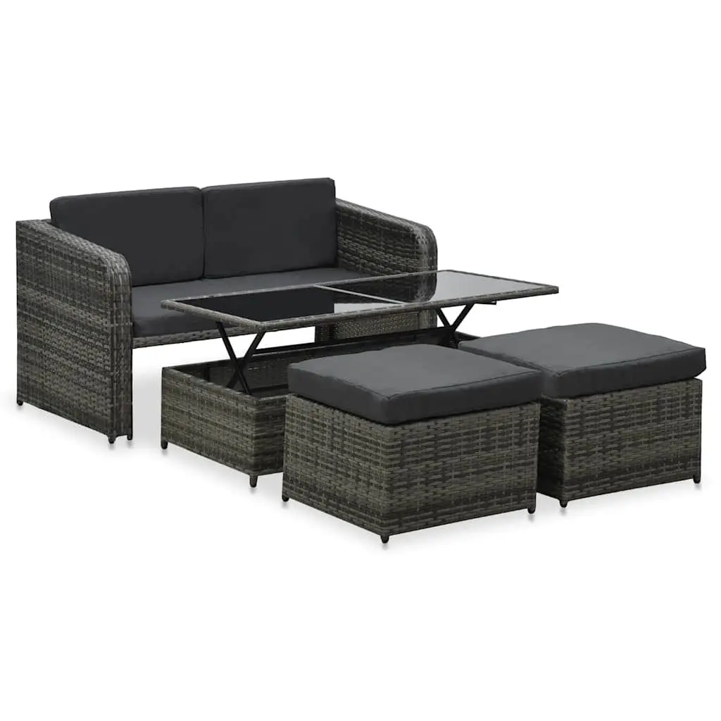 Garden Lounge Set 4 Piece Sofa Coffee Table Stools Cushions Anthracite Poly Rattan