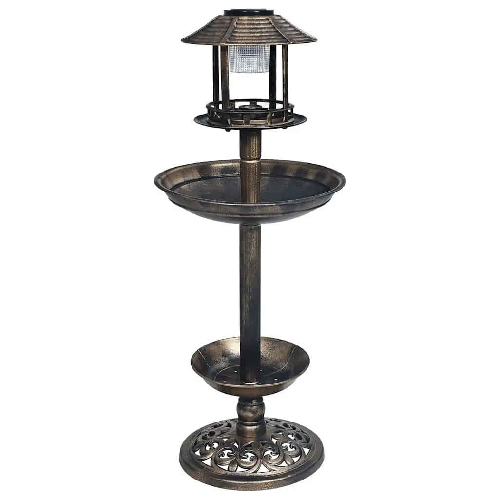 Pedestal Bird Bath Solar Powered LED Lights Outdoor Garden Brown