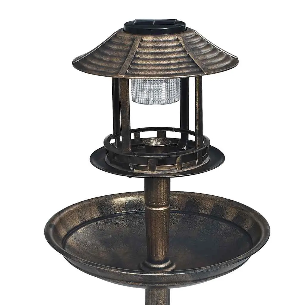 Pedestal Bird Bath Solar Powered LED Lights Outdoor Garden Brown