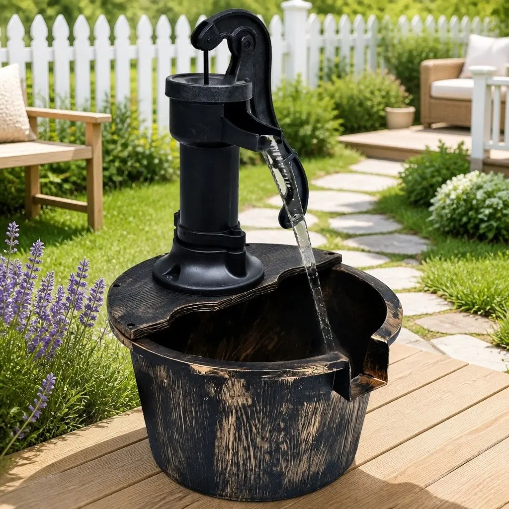 Garden Water Fountain Barrel with Pump Outdoor Patio Decor Brown