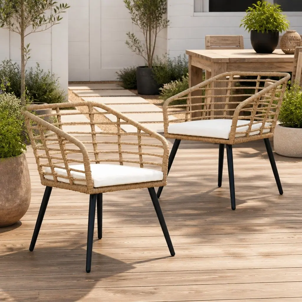 Outdoor Chairs 2 pcs Patio Seating Brown Poly Rattan with Cushions