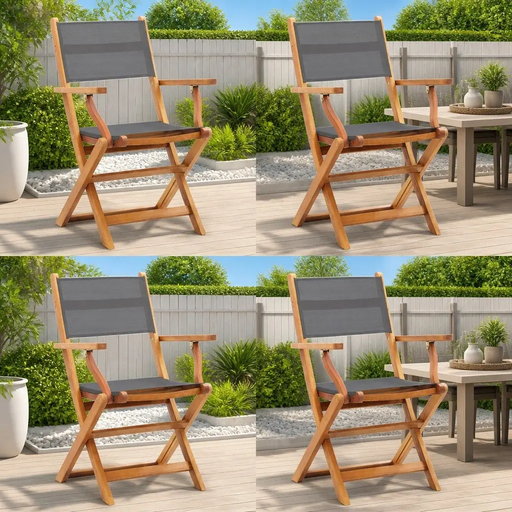 Folding Armchairs Set 4 Pcs Outdoor Grey Eucalyptus Wood Textilene