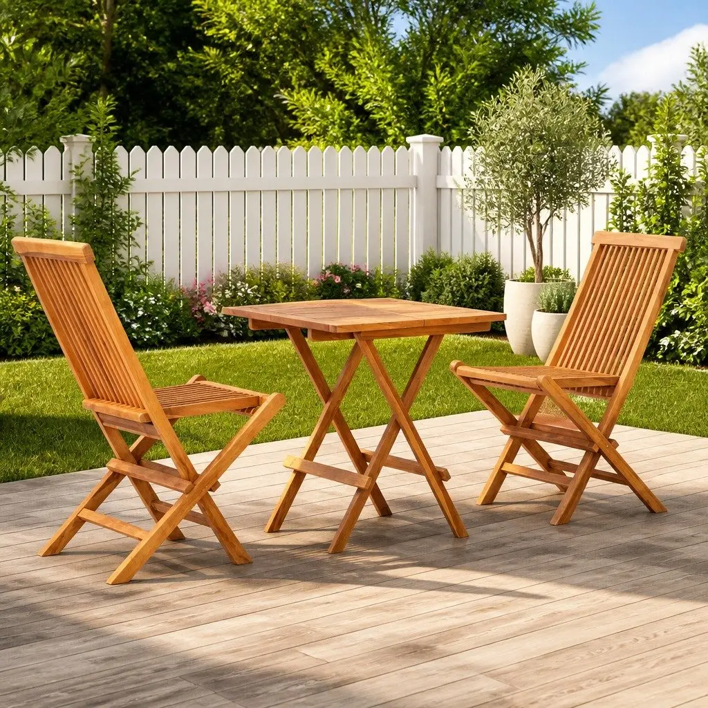 3 Piece Folding Bistro Set Teak Wood Outdoor Garden Brown