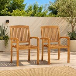 Outdoor Stacking Dining Chairs Set of 2 Teak Wood Garden Patio Seating
