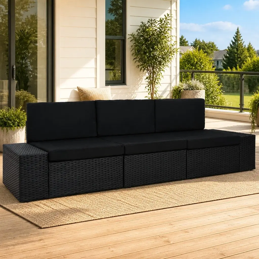 Outdoor Sectional Sofa 3-Seater Weather-Resistant Poly Rattan Black