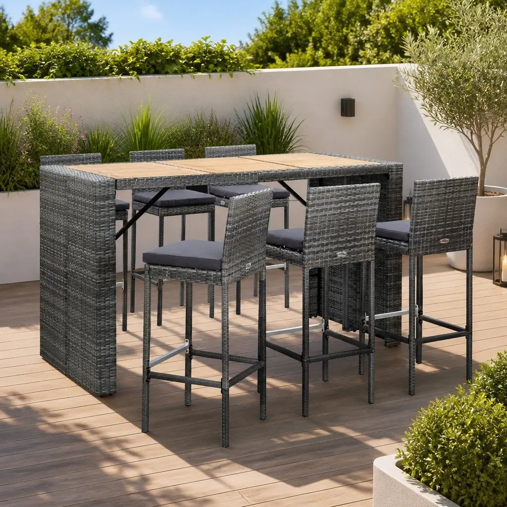 Outdoor Bar Set 7 Piece Cushioned Grey Poly Rattan Garden Patio Furniture