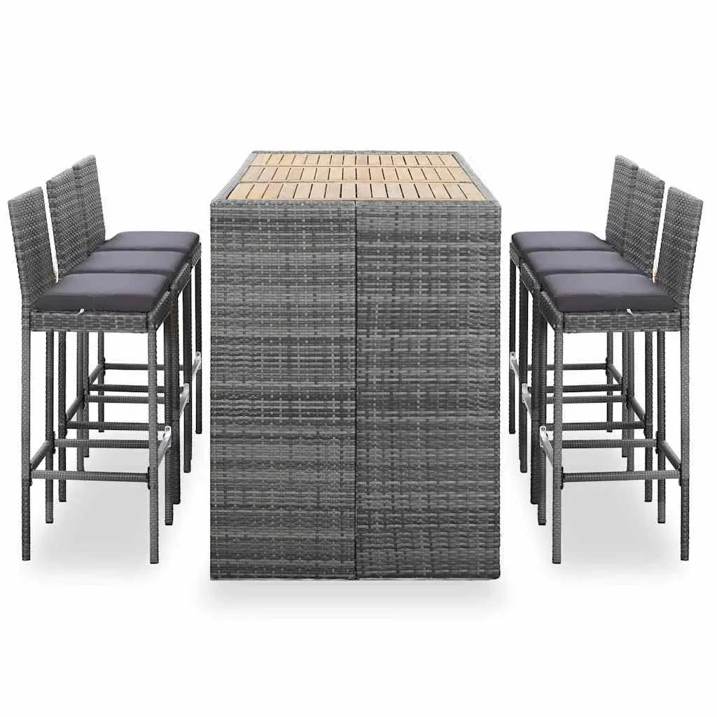 Outdoor Bar Set 7 Piece Cushioned Grey Poly Rattan Garden Patio Furniture