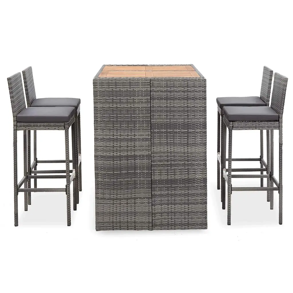 Outdoor Bar Set 5 Piece Poly Rattan Acacia Wood Patio Furniture Grey
