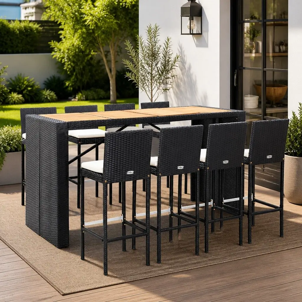 Outdoor Bar Set 9 Piece Poly Rattan Acacia Wood Patio Furniture Black