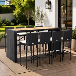 Outdoor Bar Set 9 Piece Poly Rattan Acacia Wood Patio Furniture Black