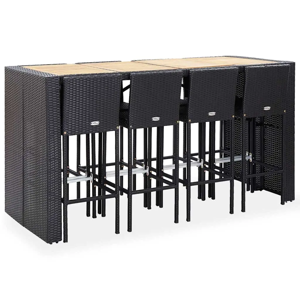 Outdoor Bar Set 9 Piece Garden Patio Furniture Poly Rattan Acacia Wood Black