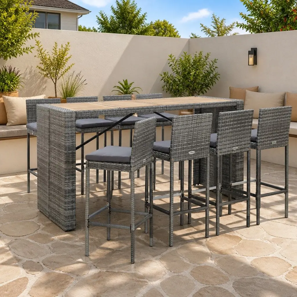 Outdoor Bar Set 9 Piece Patio Furniture Grey Poly Rattan Acacia Wood Table
