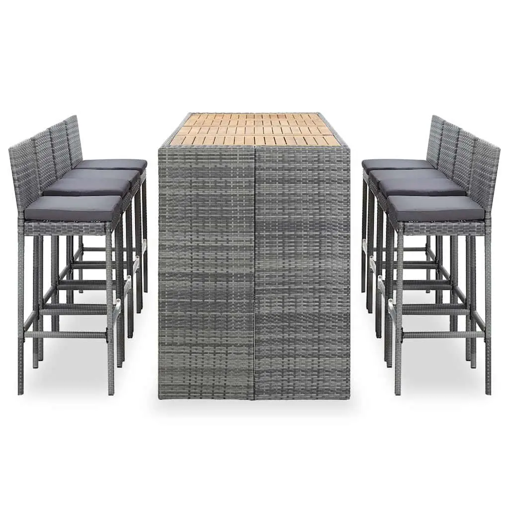 Outdoor Bar Set 9 Piece Patio Furniture Grey Poly Rattan Acacia Wood Table