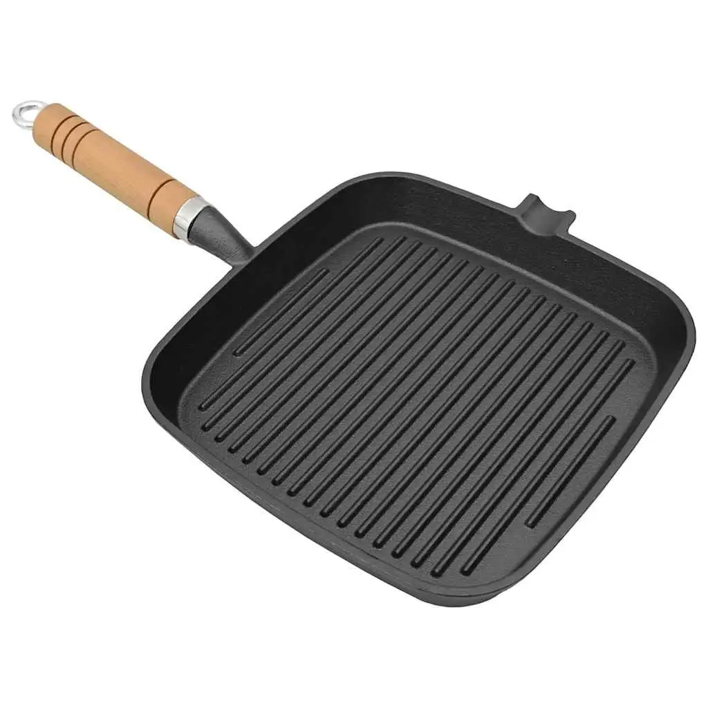 Cast Iron Grill Pan 20x20 cm Ribbed Base Black Wooden Handle Cooking