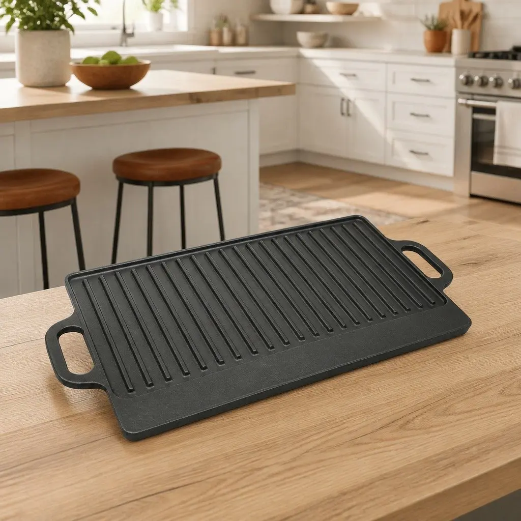 Cast Iron Grill Platter Reversible Double-Sided Griddle 50x23cm Black