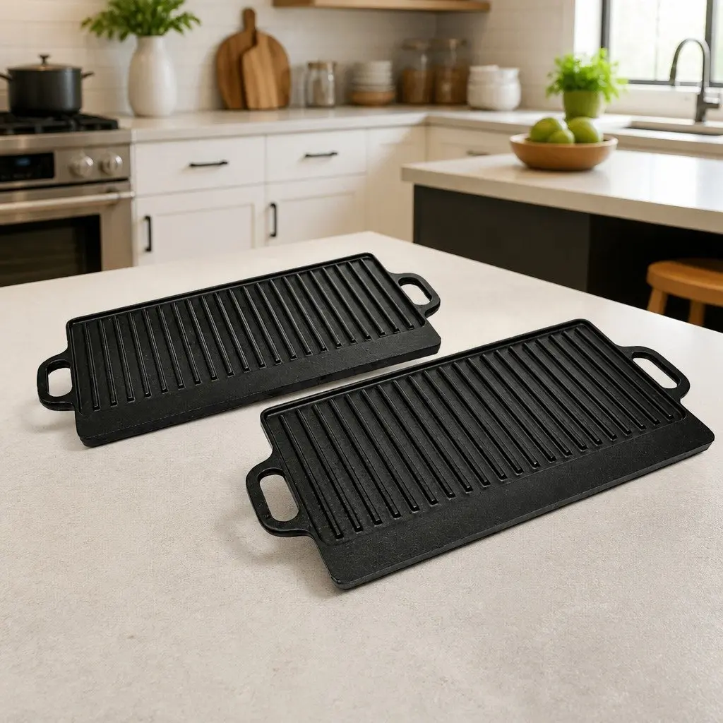 Cast Iron Griddle Grill Plate Set of 2 Double Sided 46 x 23 cm Black