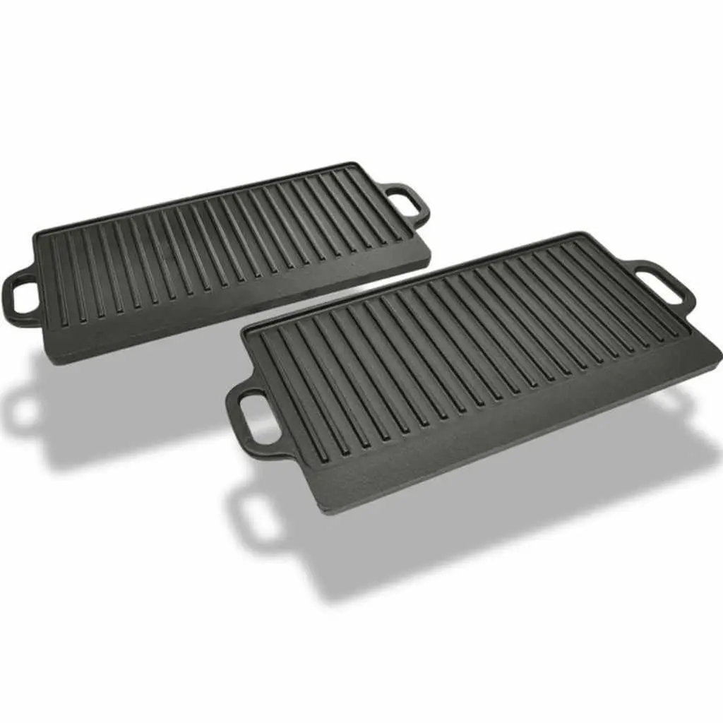 Cast Iron Griddle Grill Plate Set of 2 Double Sided 46 x 23 cm Black