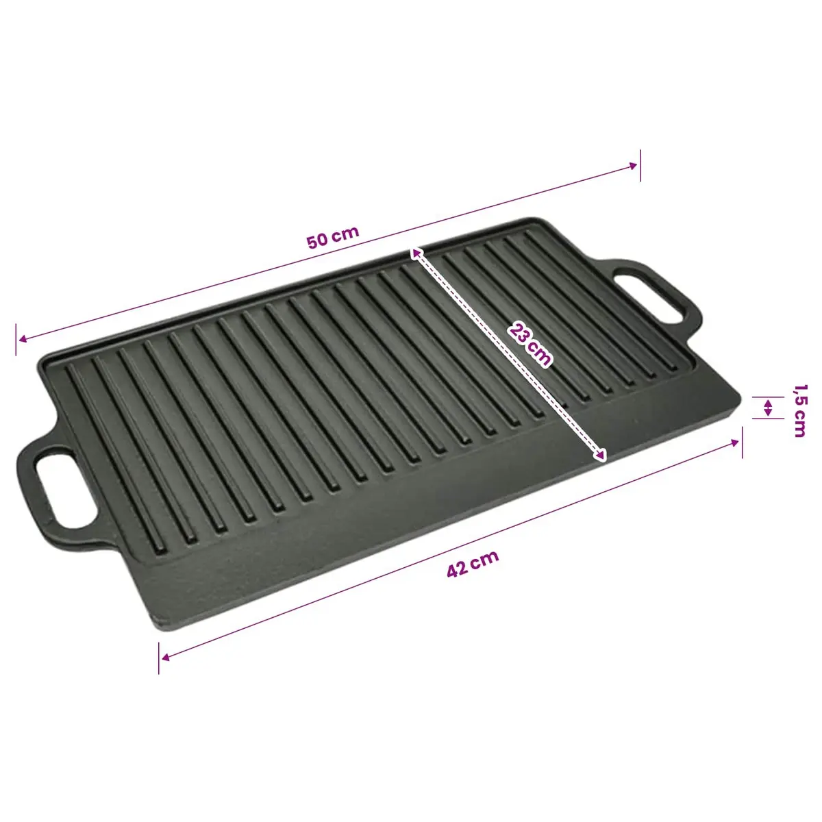Cast Iron Griddle Grill Plate Set of 2 Double Sided 46 x 23 cm Black