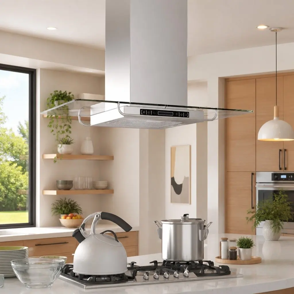 Island Mount Range Hood Kitchen Extractor Fan 3 Speed Touch Control Silver
